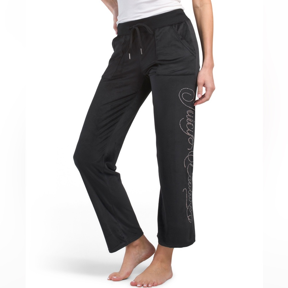 NWT Juicy Couture Velvet Fleece Wide Leg Pant With Rhinestone Accents in Black